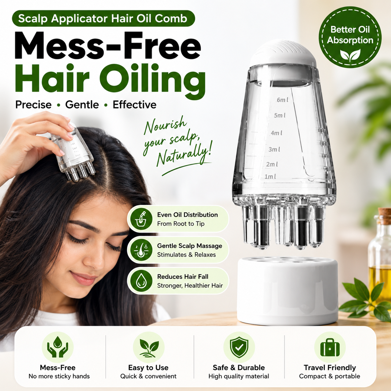 Hair Oil Applicator Comb Bottle – Anti-Leak, 6ml Scale